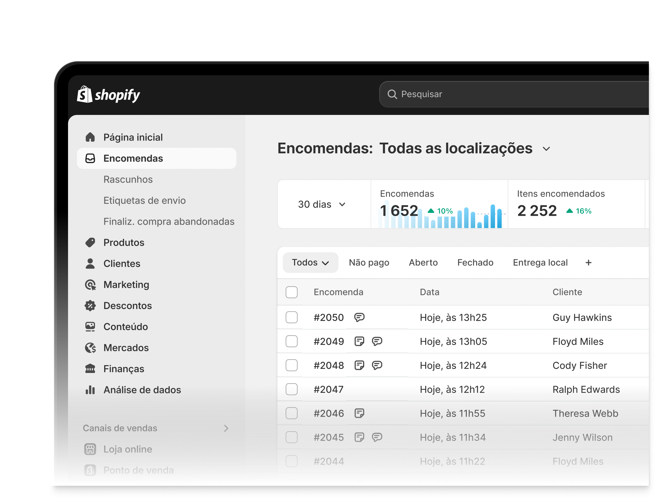 Animação interativa do Admin Shopify que lhe permite explorar todas as secções: Encomendas, Produtos, Clientes, Conteúdos, Finanças, Análise de dados, Marketing, Descontos, Mercados